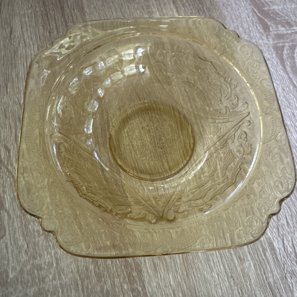Federal Glass Yellow Amber Depression Glass Square Bowl Madrid Pattern 1930's